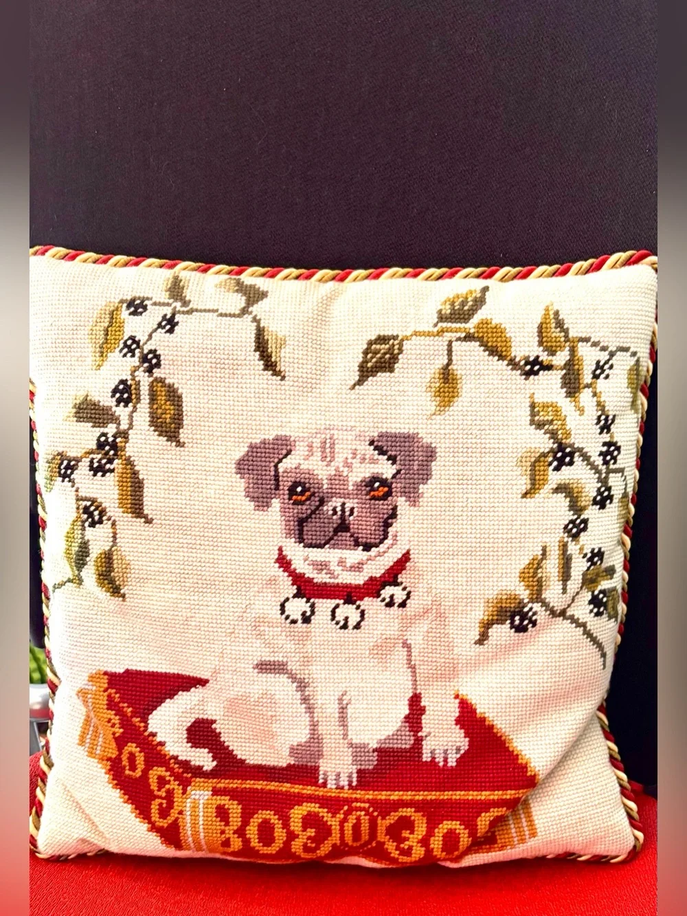 Fawn Pug Needlepoint Pillow Hand Sewn Vintage Victorian Portrait Excellent Cond